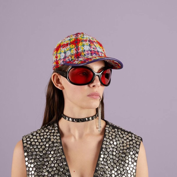 Gucci Red Tweed Multi-Color Leather Trim Baseball Cap (Size S) RRP $860 - Picture 1 of 8